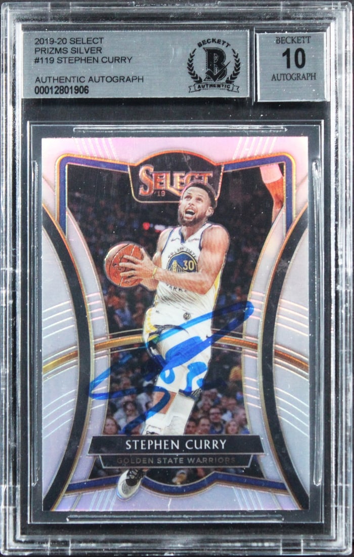 Stephen Curry 2019 Select Prizms Silver #119 Autographed BAS Slab: Stephen Curry 2019 Select Prizms Silver #119 Autographed BAS Slab This 2019 Select Prizms Silver #119 basketball card features a genuine autograph from Stephen Curry of the Golden State Warriors. The 