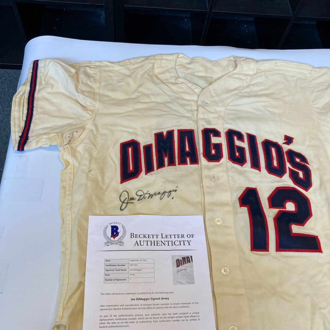 Joe DiMaggio Autographed 1950s Baseball Jersey with Beckett COA: Joe DiMaggio Autographed 1950s Baseball Jersey with Beckett COA This authentic 1950's baseball jersey is signed by legendary player Joe DiMaggio and comes with a Beckett Authentication Services (BAS) 