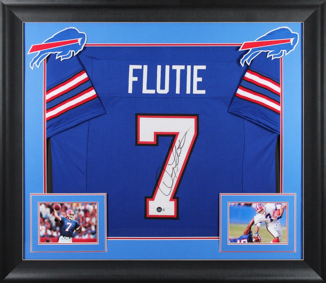 Framed Buffalo Bills Jersey Hand Signed by Doug Flutie Beckett Witnessed: Framed Buffalo Bills Jersey Hand Signed by Doug Flutie Beckett Witnessed This professionally framed blue Pro Style jersey has been personally signed by Doug Flutie of the Buffalo Bills. The autographe