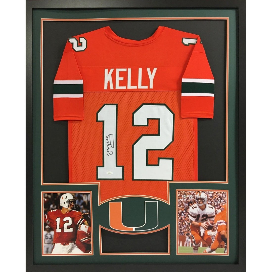 Miami Hurricanes Framed Jersey Signed by Jim Kelly with JSA Authentication: Miami Hurricanes Framed Jersey Signed by Jim Kelly with JSA Authentication This is a framed Miami Hurricanes jersey autographed by Jim Kelly. The autograph is authenticated by JSA and includes a certi