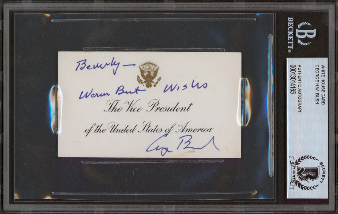 George H.W. Bush Signed White House Card 2.25x3.875 BAS Authenticated: George H.W. Bush Signed White House Card 2.25x3.875 BAS Authenticated This authentic signed card features the signature of former President George H.W. Bush, along with the heartfelt inscription "Beve
