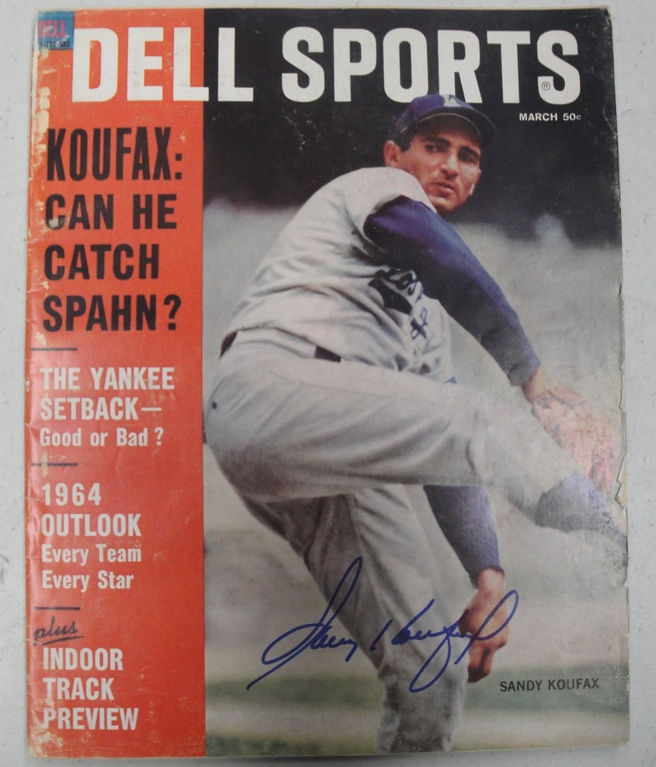 Sandy Koufax Hand Signed Dodgers Magazine JSA Authenticated: Sandy Koufax Hand Signed Dodgers Magazine JSA Authenticated This is a hand-signed autographed Dell Sports Magazine featuring baseball legend Sandy Koufax, a celebrated player of the Los Angeles Dodger