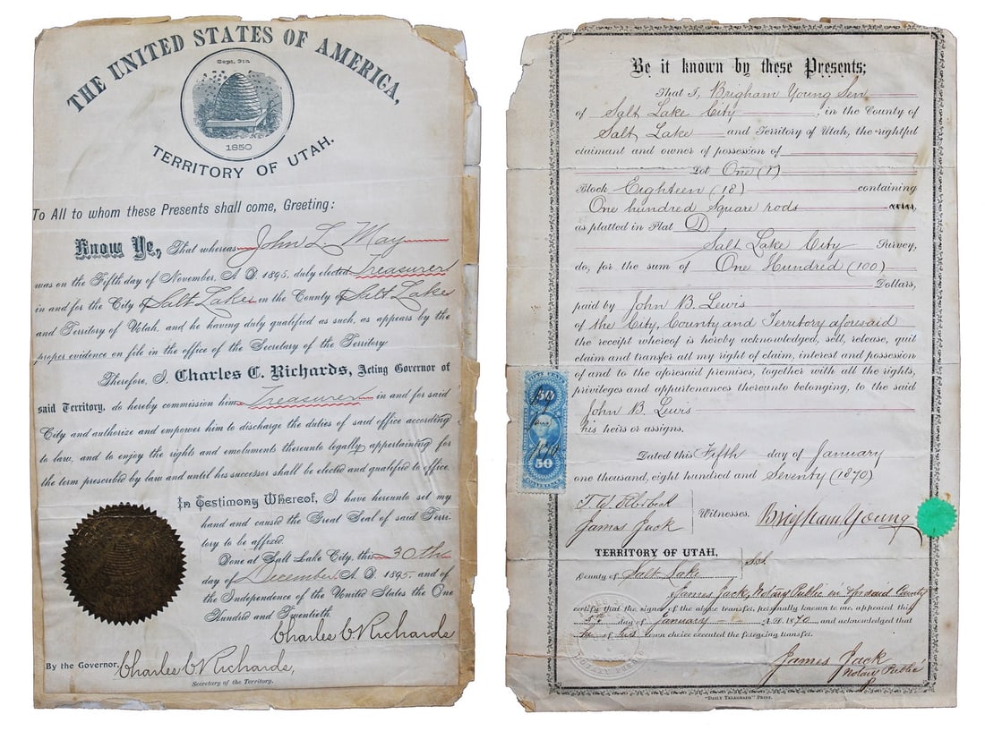1870 Land Transfer Deed Signed by Brigham Young Beckett Authenticated 8x12.75": 1870 Land Transfer Deed Signed by Brigham Young Beckett Authenticated 8x12.75" This is an original land transfer deed document dated January 5, 1870, personally signed by Brigham Young. The document m