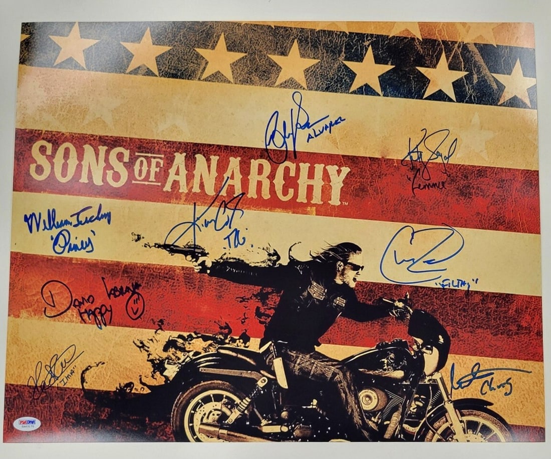 PSA DNA 16x20 Sons of Anarchy cast photo 8 autographs: PSA DNA 16x20 Sons of Anarchy cast photo 8 autographs This is an original 16x20 photo from the television show Sons of Anarchy, signed by eight cast members. The autographs have been authenticated by 