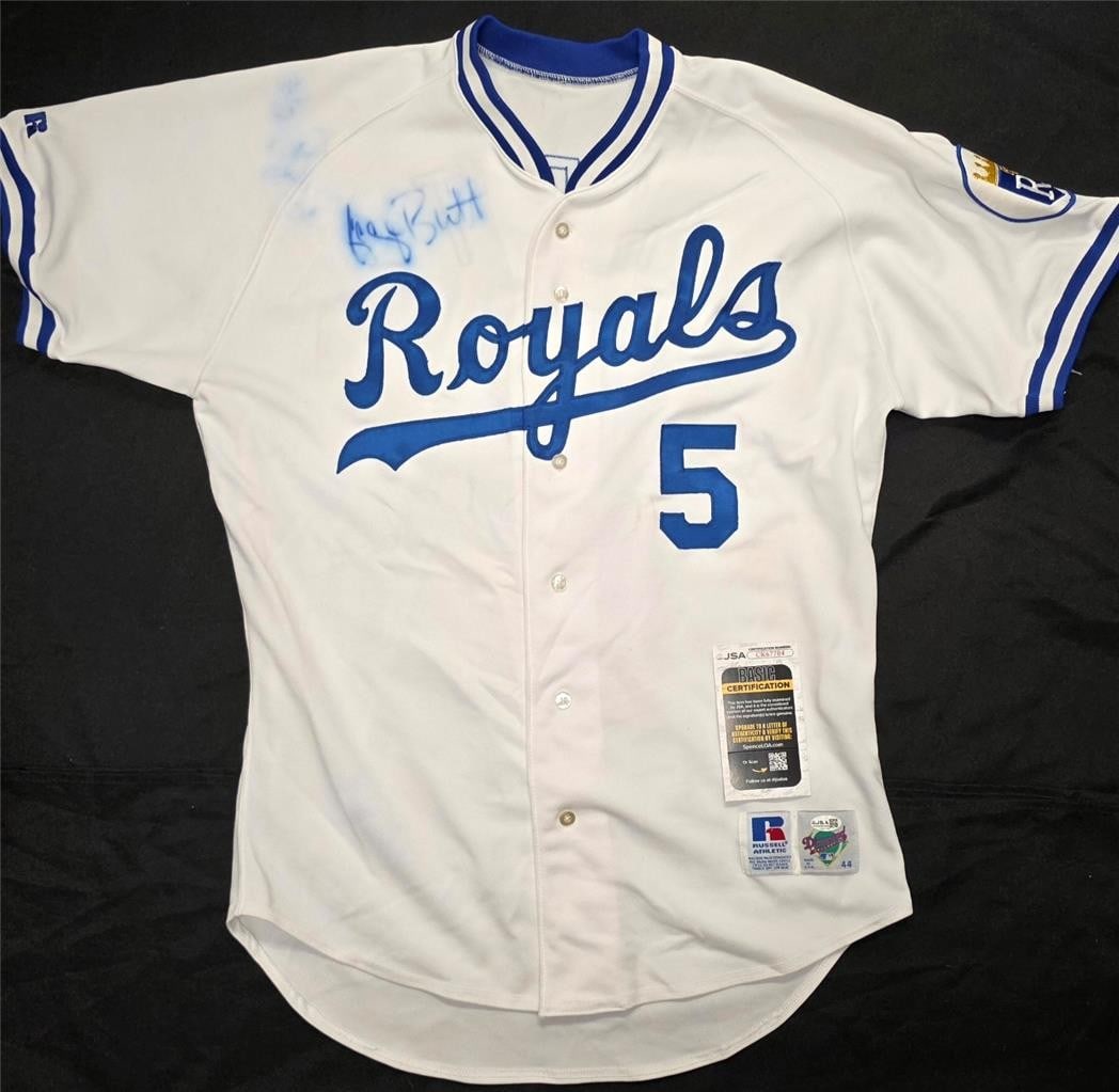 Kansas City Royals Russell Vintage Jersey Signed by George Brett JSA: Kansas City Royals Russell Vintage Jersey Signed by George Brett JSA Vintage Russell Kansas City Royals jersey signed by George Brett. This pre-owned baseball jersey is accompanied by James Spence Aut