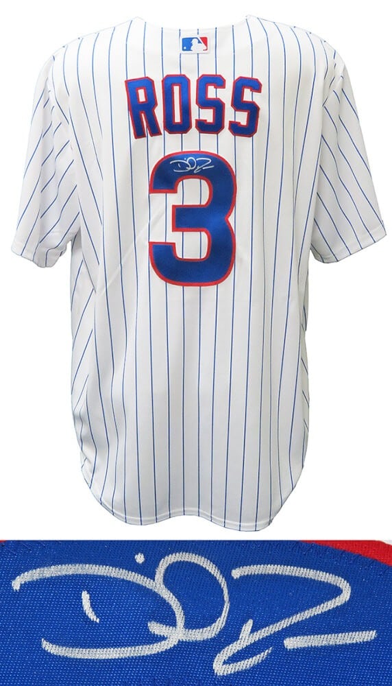David Ross Signed Chicago Cubs White Pinstripe Jersey with COA: David Ross Signed Chicago Cubs White Pinstripe Jersey with COA Celebrate your love for baseball with this David Ross signed Chicago Cubs white pinstripe Majestic replica baseball jersey. This original