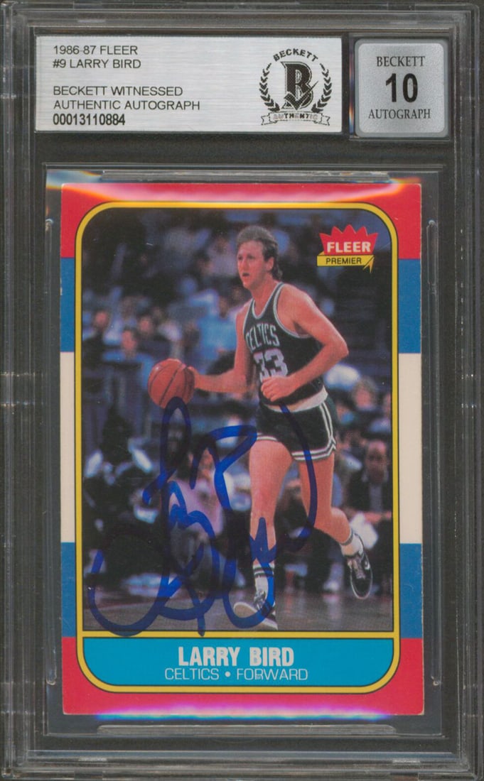 Larry Bird Signed 1986 Fleer #9 Card Gem Mint 10 BAS Authenticated: Larry Bird Signed 1986 Fleer #9 Card Gem Mint 10 BAS Authenticated This 1986 Fleer #9 card featuring Larry Bird, a legendary player of the Boston Celtics, is an authentic and graded collectible. The c