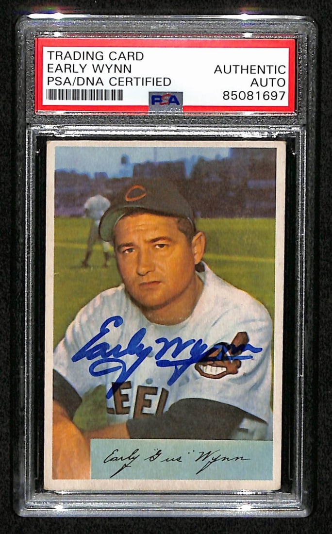 Early Wynn HOF Signed 1954 Bowman Card #164 PSA/DNA Certified: Early Wynn HOF Signed 1954 Bowman Card #164 PSA/DNA Certified This listing features an Early Wynn Hall of Fame signed 1954 Bowman Card #164 from the Cleveland Indians. The card has been authenticated 