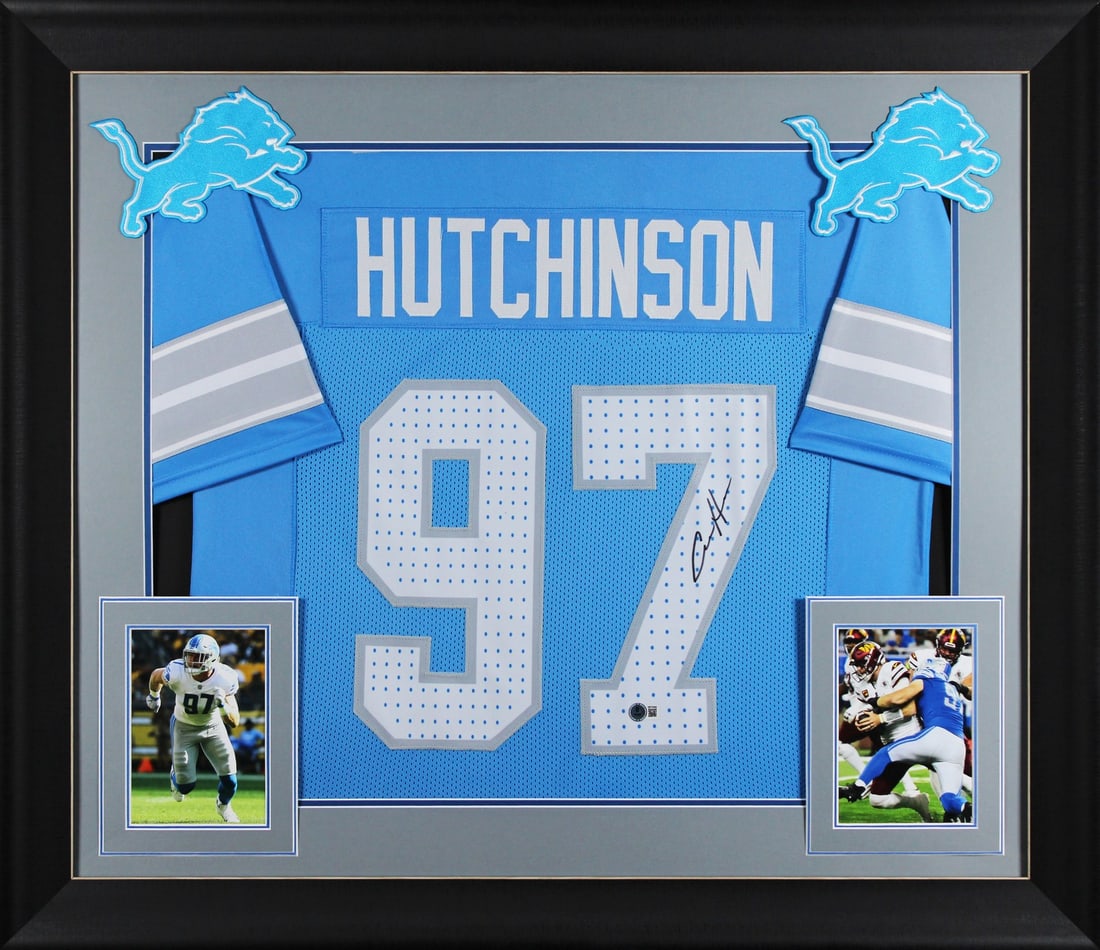 Aidan Hutchinson Signed Detroit Lions Framed Jersey BAS Witnessed Authentic: Aidan Hutchinson Signed Detroit Lions Framed Jersey BAS Witnessed Authentic This authentic blue pro style framed jersey has been personally signed by Aidan Hutchinson of the Detroit Lions. The item is