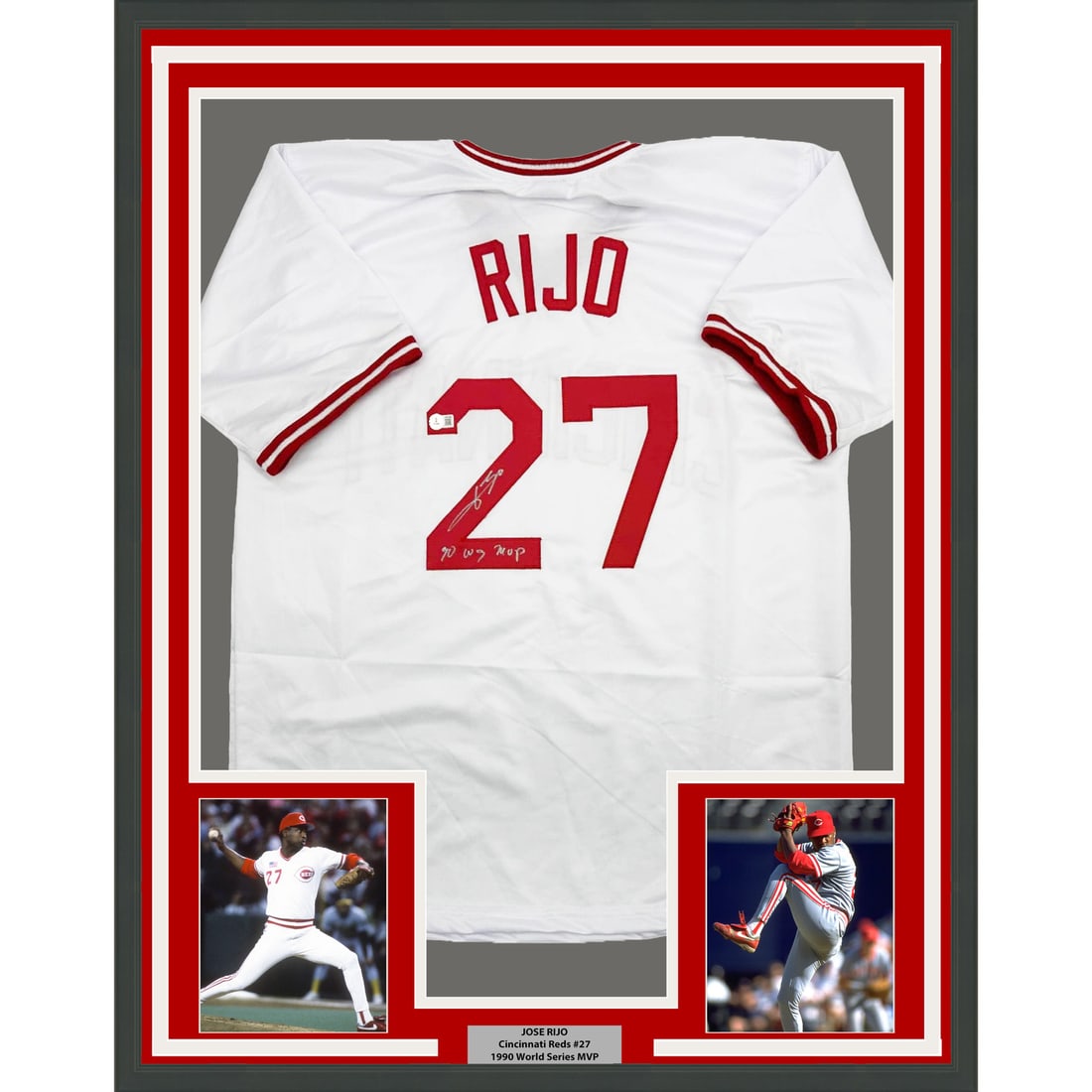 Framed Jose Rijo Signed Cincinnati Reds Jersey with Beckett COA: Framed Jose Rijo Signed Cincinnati Reds Jersey with Beckett COA Celebrate the legacy of Jose Rijo with this stunning framed autographed Cincinnati Reds jersey. Measuring 35x39 inches, this piece is ex
