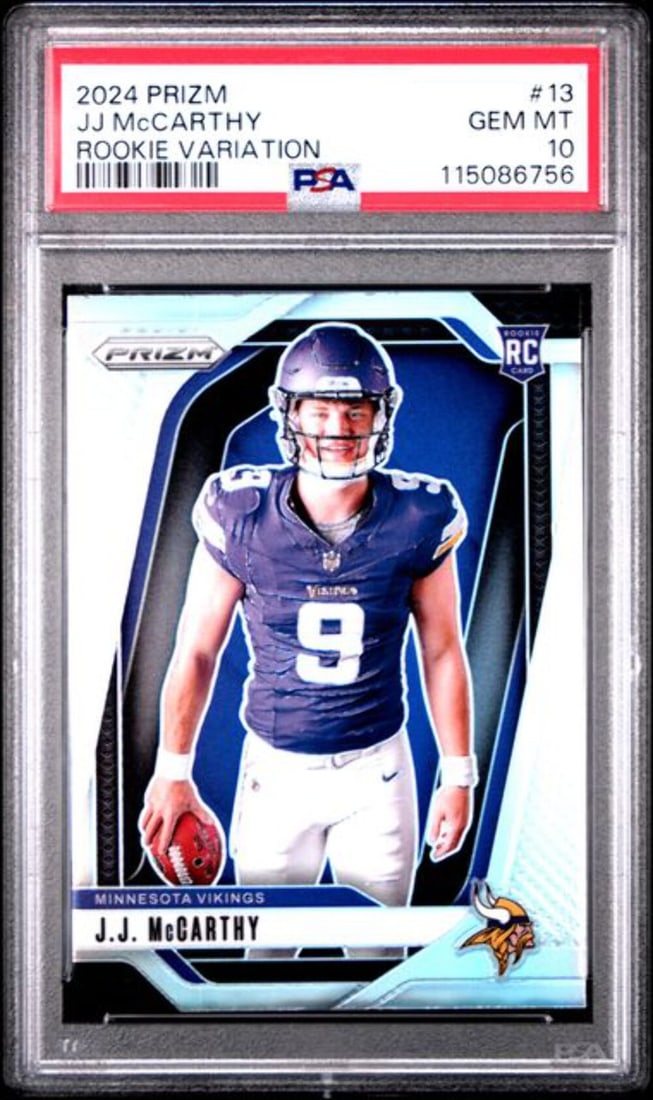 2024 Panini Prizm JJ McCarthy Rookie RC Card PSA 10 NFL: 2024 Panini Prizm JJ McCarthy Rookie RC Card PSA 10 NFL This graded 2024 Panini Prizm Rookie Variation JJ McCarthy #13 Rookie RC Card, graded PSA 10, is a must-have for collectors and fans alike. The 