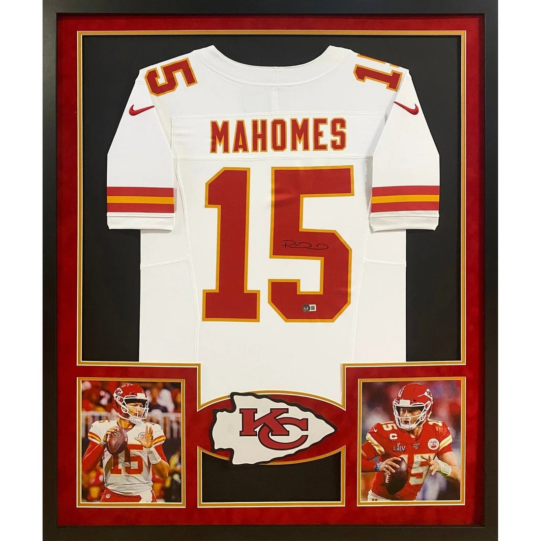 Framed White Jersey Signed by Patrick Mahomes Beckett Authenticated Kansas City Chiefs: Framed White Jersey Signed by Patrick Mahomes Beckett Authenticated Kansas City Chiefs This framed white Kansas City Chiefs jersey features the authentic signature of Patrick Mahomes. The autograph is