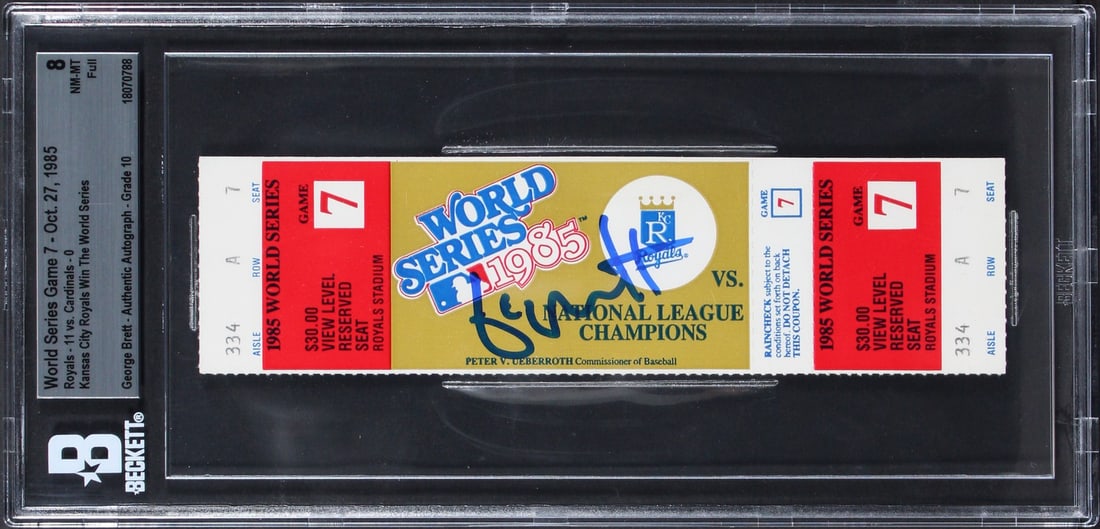 George Brett 1985 WS Game 7 Full Ticket Signed Graded NM-MT 8 Auto Gem Mint 10 Beckett: George Brett 1985 WS Game 7 Full Ticket Signed Graded NM-MT 8 Auto Gem Mint 10 Beckett Celebrate a pivotal moment in baseball history with this autographed full ticket from Game 7 of the 1985 World Se