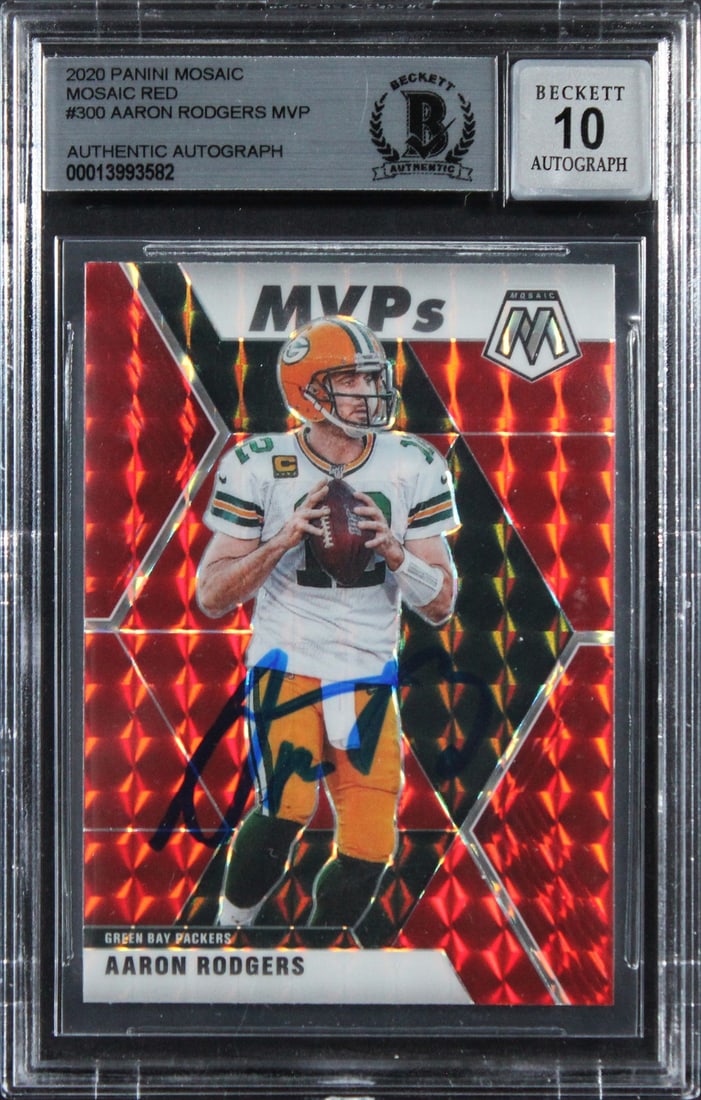 Aaron Rodgers Green Bay Packers 2020 Panini Mosaic #300 Beckett Slabbed Auto 10: Aaron Rodgers Green Bay Packers 2020 Panini Mosaic #300 Beckett Slabbed Auto 10 This 2020 Panini Mosaic Red #300 football card features a personal autograph from Aaron Rodgers of the Green Bay Packers