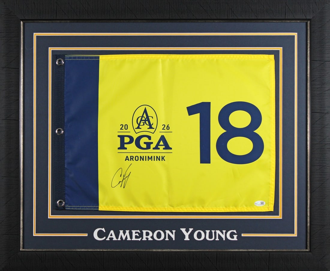 Framed 2026 PGA Championship Pin Flag Signed by Cameron Young JSA: Framed 2026 PGA Championship Pin Flag Signed by Cameron Young JSA Professionally framed 2026 PGA Championship pin flag personally signed by Cameron Young. This original golf collectible includes JSA a