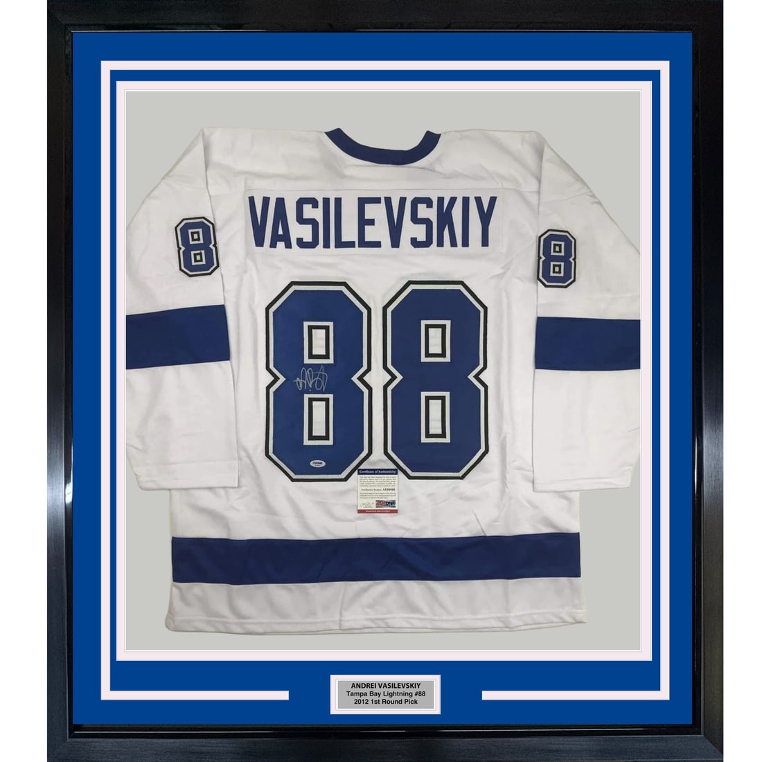 33x42 Framed Andrei Vasilevskiy Signed Tampa Bay Lightning Jersey PSA DNA: 33x42 Framed Andrei Vasilevskiy Signed Tampa Bay Lightning Jersey PSA DNA Professionally framed autographed Andrei Vasilevskiy white Tampa Bay jersey display. This original signed hockey collectible i