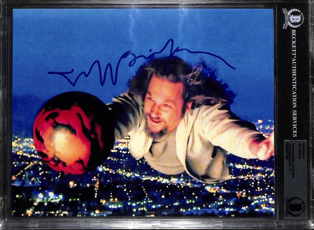 Beckett authenticated 8x10 signed photo of Jeff Bridges in The Big Lebowski: Beckett authenticated 8x10 signed photo of Jeff Bridges in The Big Lebowski Signed 8x10 photo featuring Jeff Bridges in his iconic role from The Big Lebowski. The autograph is bold and clear, and the 