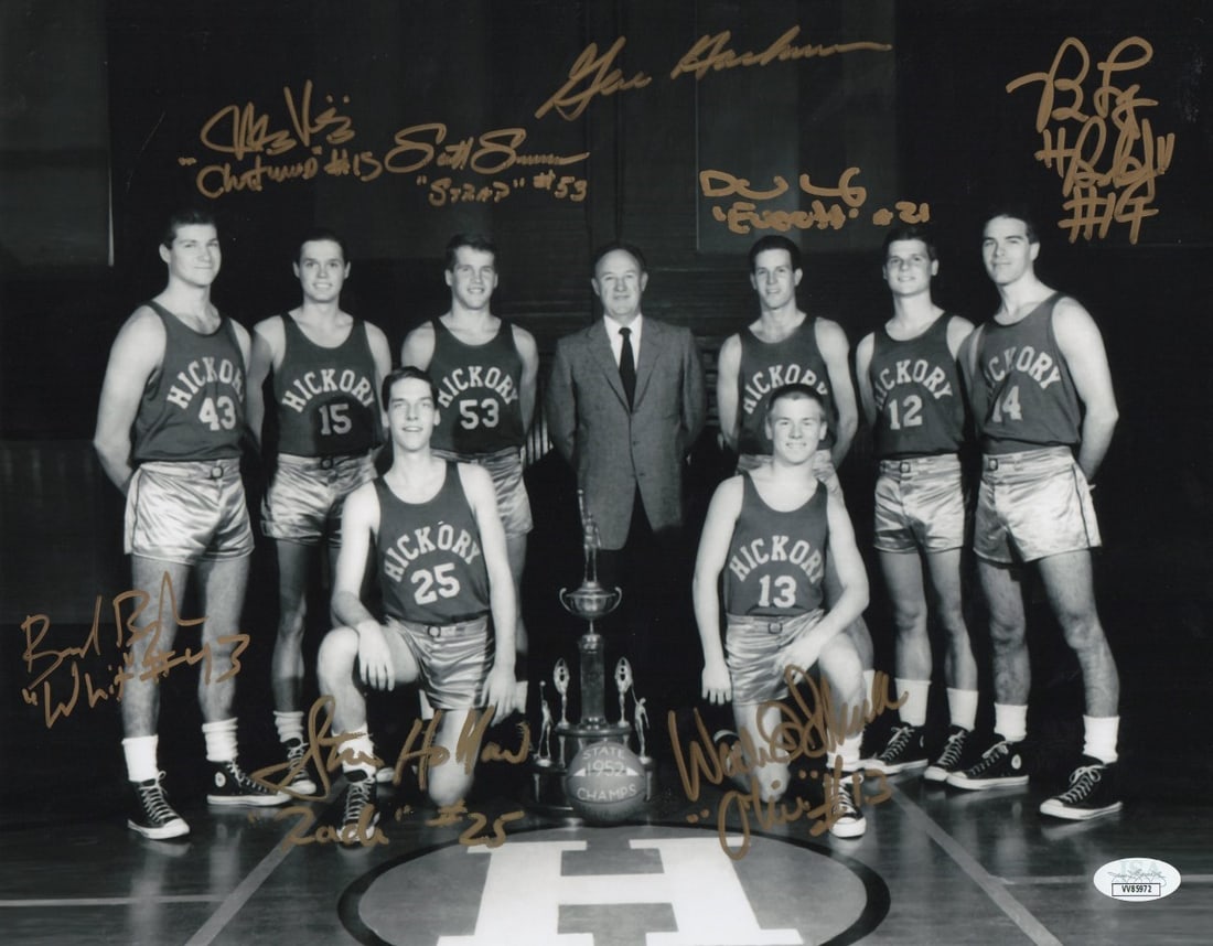 Hoosiers cast signed 11x14 photo JSA authenticated 8 autos gold: Hoosiers cast signed 11x14 photo JSA authenticated 8 autos gold This 11x14 photograph features autographs from the cast of Hoosiers, including Gene Hackman and seven Hickory players. The photo is auth