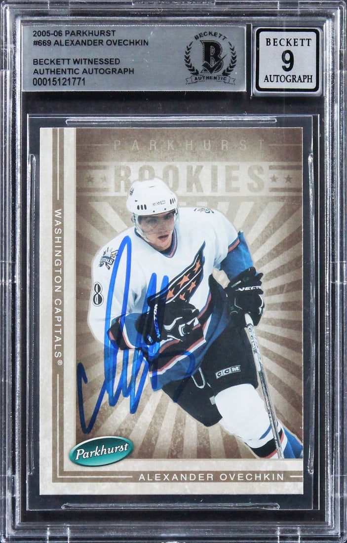 Alexander Ovechkin Autographed 2005 Parkhurst Rookie Card Gem Mint 9 Beckett: Alexander Ovechkin Autographed 2005 Parkhurst Rookie Card Gem Mint 9 Beckett This 2005 Parkhurst #669 Rookie Card features a stunning autograph from Alexander Ovechkin, the iconic forward of the Washi