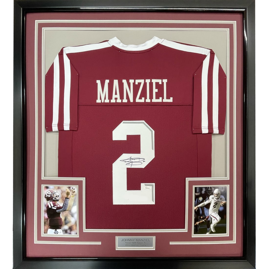 Framed Autographed Johnny Manziel Texas A&M Jersey with JSA COA: Framed Autographed Johnny Manziel Texas A&M Jersey with JSA COA This professionally framed and matted Johnny Manziel autographed jersey showcases his Texas A&M legacy. Measuring 33"x42", it features t