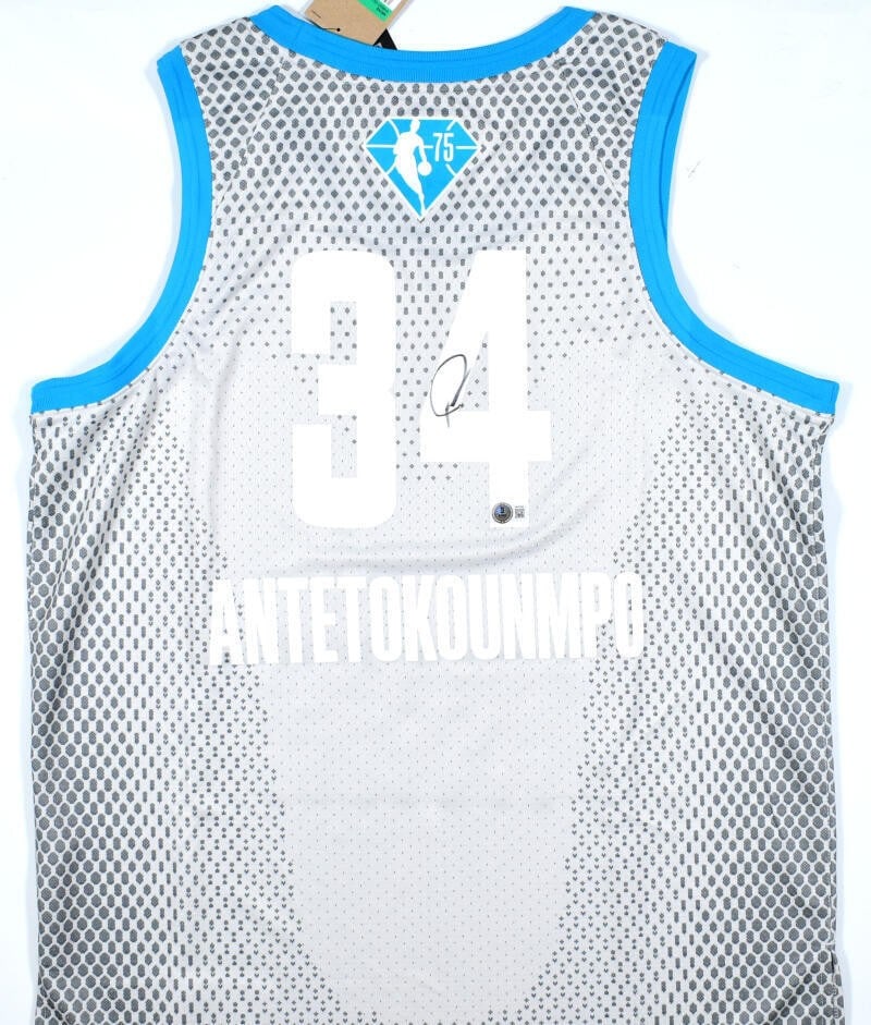 Beckett Authenticated Giannis Antetokounmpo Bucks All-Star Swingman Jersey: Beckett Authenticated Giannis Antetokounmpo Bucks All-Star Swingman Jersey This is an original Giannis Antetokounmpo signed Milwaukee Bucks All-Star Swingman jersey. It is a basketball jersey in pre-o