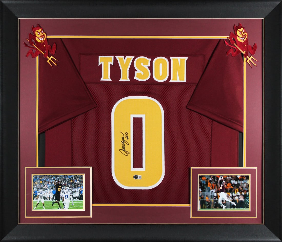 Jordyn Tyson Signed Arizona State Maroon Framed Jersey BAS Authentic: Jordyn Tyson Signed Arizona State Maroon Framed Jersey BAS Authentic This autographed maroon pro style framed jersey features the signature of Jordyn Tyson, a player from the Arizona State Sun Devils 
