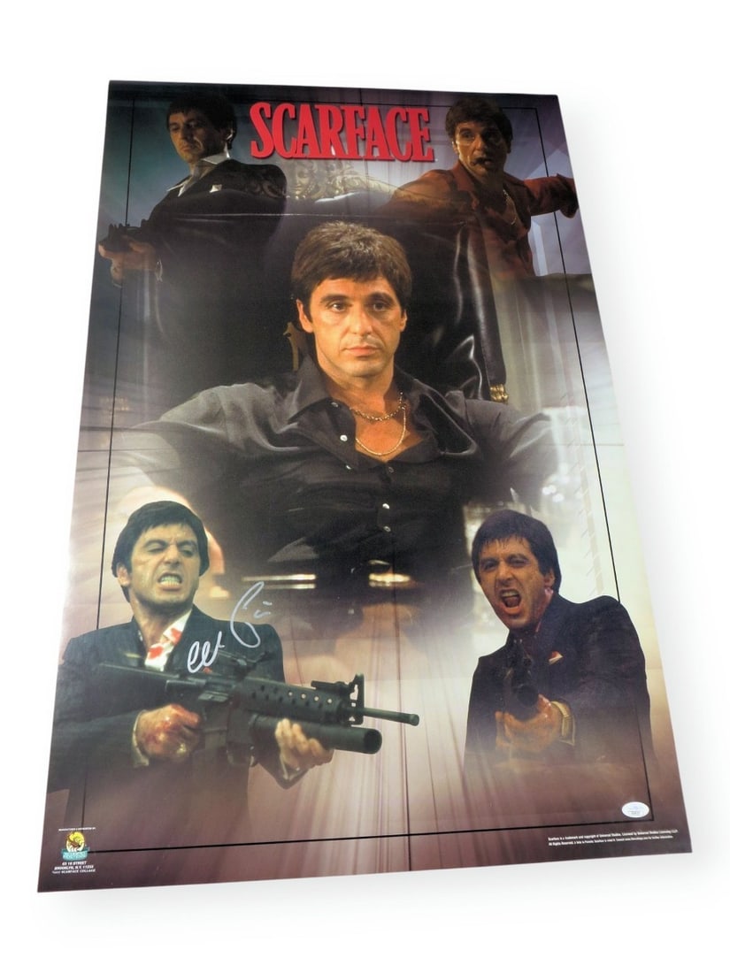 Scarface Collage 24X36 Original Poster Signed by Al Pacino JSA: Scarface Collage 24X36 Original Poster Signed by Al Pacino JSA Original Al Pacino autographed Scarface collage poster, signed by Al Pacino and authenticated by James Spence (JSA). The poster measures 