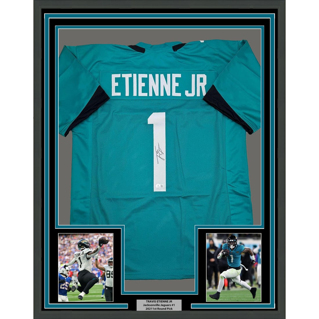 Travis Etienne Jr. Signed Teal Jersey Framed Display Beckett BAS COA: Travis Etienne Jr. Signed Teal Jersey Framed Display Beckett BAS COA This professionally framed and matted teal jersey features the authentic autograph of Travis Etienne Jr., running back for the Jack