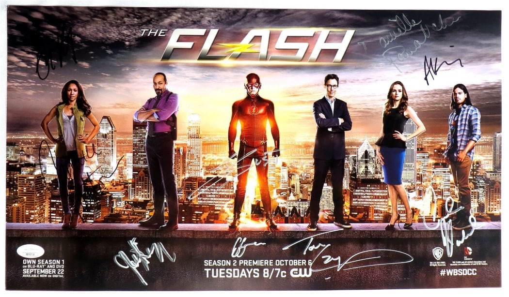 The Flash Cast Autographed 10X18 Poster Grant Gustin Danielle Panabaker JSA: The Flash Cast Autographed 10X18 Poster Grant Gustin Danielle Panabaker JSA This is an original autographed poster of 'The Flash' cast, measuring approximately 10x18 inches. The poster features the si