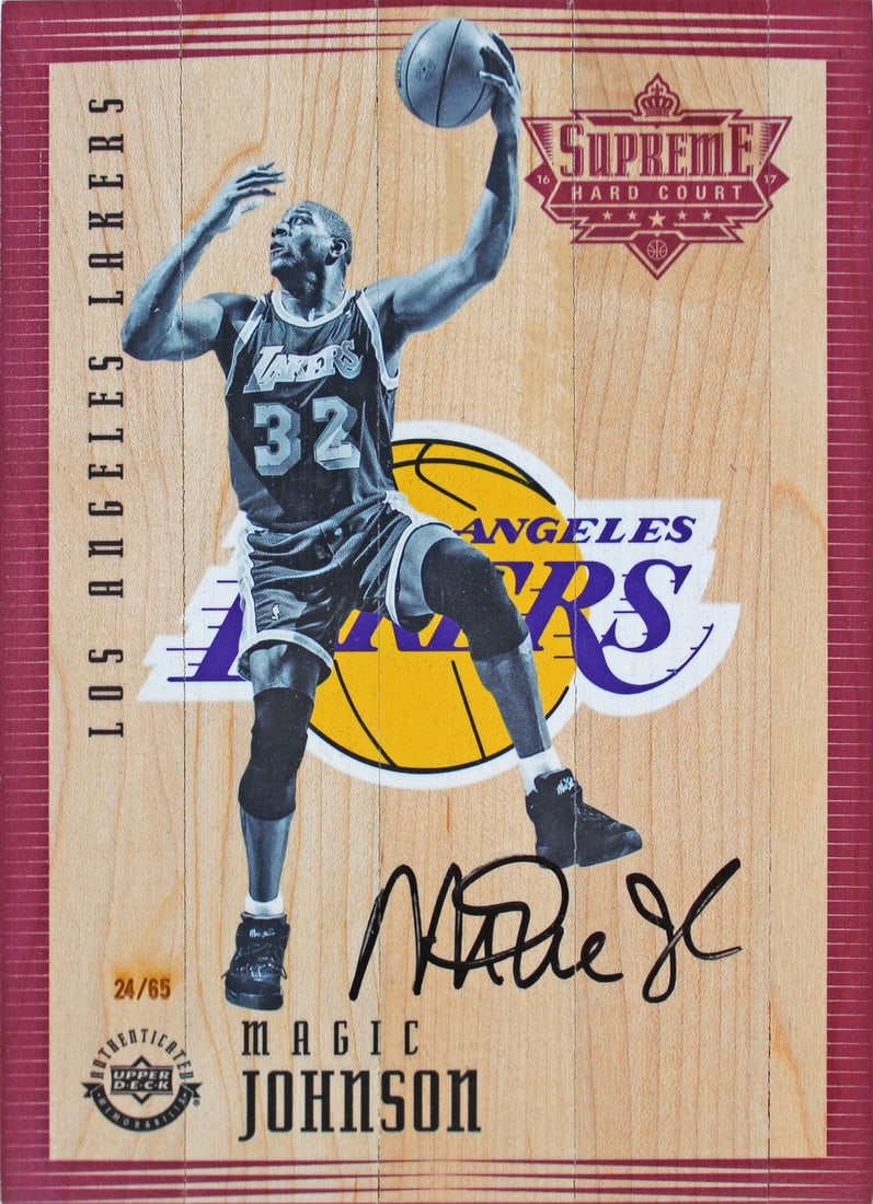 Magic Johnson autographed 5x7 Upper Deck Supreme Hard Court card Beckett: Magic Johnson autographed 5x7 Upper Deck Supreme Hard Court card Beckett Original 5x7 Upper Deck Supreme Hard Court card signed by Magic Johnson and numbered 24/65. This pre-owned basketball collectib