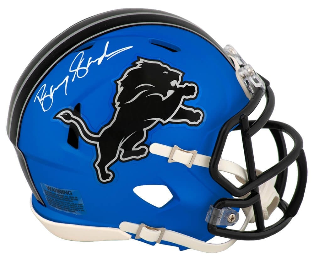 Barry Sanders Signed Lions 2024 Blue Riddell Mini Helmet with COA: Barry Sanders Signed Lions 2024 Blue Riddell Mini Helmet with COA Enhance your collection with this authentic Barry Sanders signed Detroit Lions 2024 Alternate blue Riddell speed mini helmet. This rem