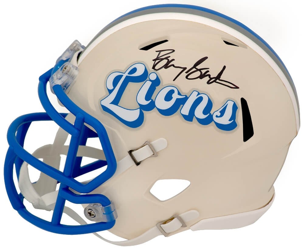 Signed Barry Sanders Detroit Lions Riddell Retro Mini Helmet: Signed Barry Sanders Detroit Lions Riddell Retro Mini Helmet This Detroit Lions Retro Riddell speed mini helmet is signed by Barry Sanders on the side featuring the Lions logo. The item includes a tam