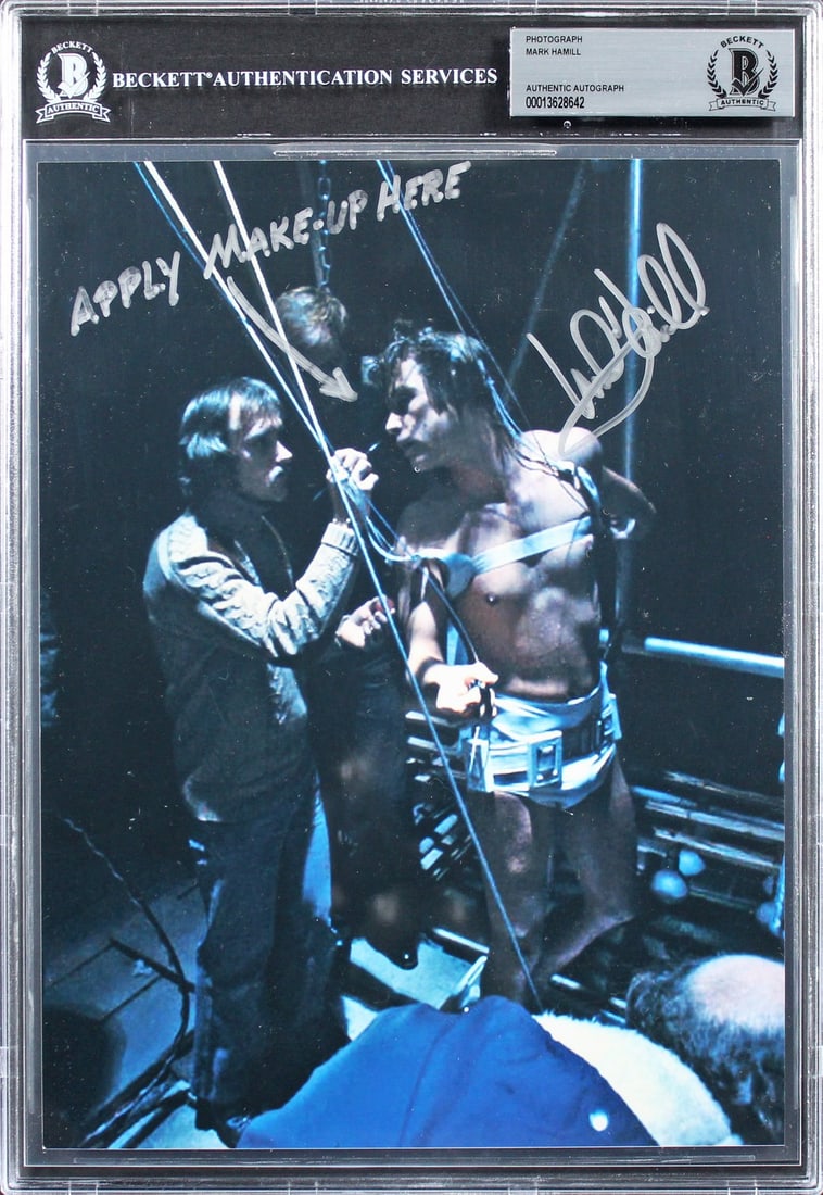 Mark Hamill Signed Star Wars 8x10 Photo With Inscription Beckett Authenticated: Mark Hamill Signed Star Wars 8x10 Photo With Inscription Beckett Authenticated This 8x10 photograph features an authentic autograph with the inscription "Apply Make-Up Here" signed by Mark Hamill from