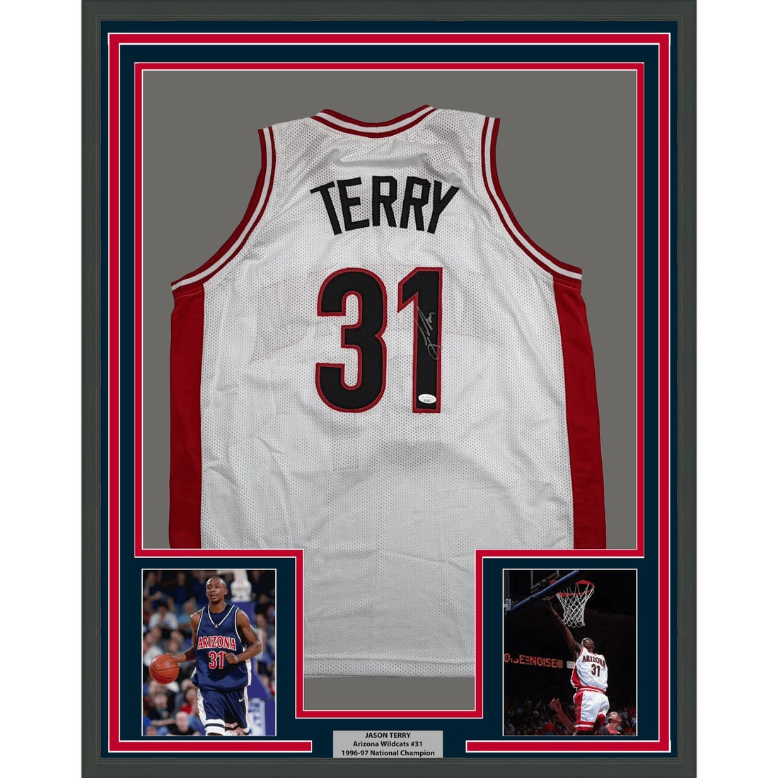Framed Arizona Wildcats Jason Terry signed white basketball jersey JSA COA: Framed Arizona Wildcats Jason Terry signed white basketball jersey JSA COA This professionally framed and matted Arizona Wildcats basketball jersey features an authentic autograph by Jason Terry. The 
