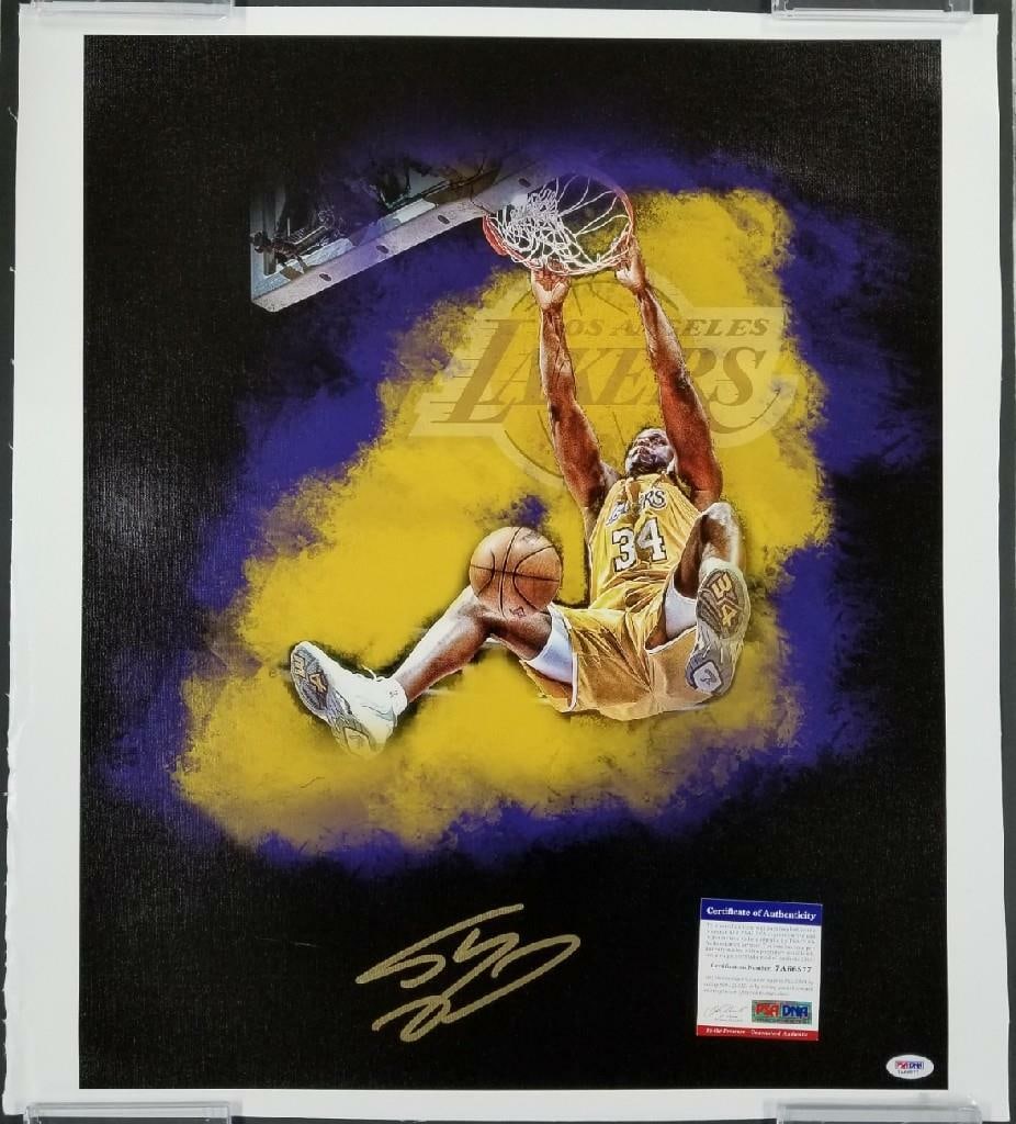 Shaquille O'Neal Lakers signed 18x24 canvas photo PSA DNA: Shaquille O'Neal Lakers signed 18x24 canvas photo PSA DNA This is an original 18x24 canvas photo featuring Shaquille O'Neal of the Los Angeles Lakers. The photo has been hand-signed by Shaquille O'Nea