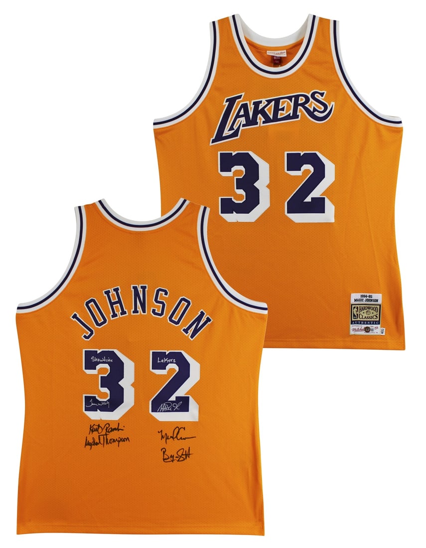 Los Angeles Lakers signed yellow jersey BAS witnessed Johnson Worthy and 4 others: Los Angeles Lakers signed yellow jersey BAS witnessed Johnson Worthy and 4 others Autographed yellow jersey signed by Magic Johnson, James Worthy, Kurt Rambis, Michael Cooper, Mychal Thompson, and Byr