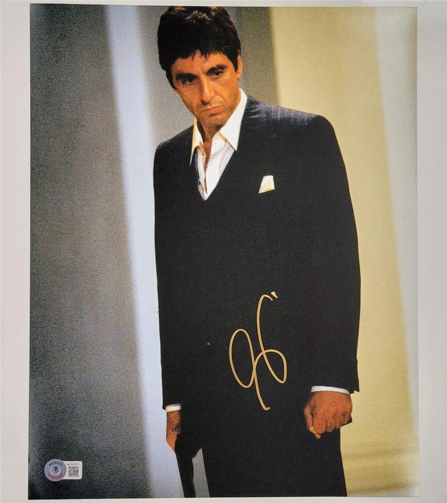 Al Pacino Scarface 11x14 Signed Photo Beckett Authenticated: Al Pacino Scarface 11x14 Signed Photo Beckett Authenticated This is an original 11x14 photograph of the iconic film Scarface, signed by the legendary actor Al Pacino. The autograph is authenticated by