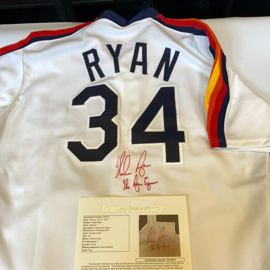 Nolan Ryan Signed 1980's Astros Jersey JSA Authenticated: Nolan Ryan Signed 1980's Astros Jersey JSA Authenticated Celebrate a piece of baseball history with this original 1980's Rawlings Houston Astros jersey signed by Nolan Ryan, famously known as "The Rya