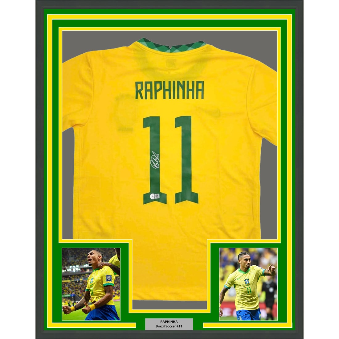 Framed Brazil Jersey Signed by Raphinha BAS COA 35x39: Framed Brazil Jersey Signed by Raphinha BAS COA 35x39 This professionally framed and matted Brazil jersey features the authentic autograph of Raphinha (Raphael Belloli). The display includes two 5x7 p