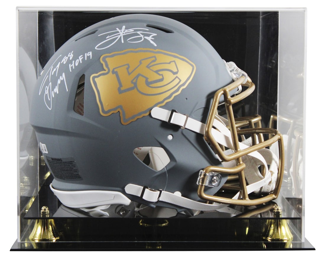 BAS authenticated Chiefs helmet signed by Gonzalez and Kelce with display case: BAS authenticated Chiefs helmet signed by Gonzalez and Kelce with display case This Kansas City Chiefs alternate slate Riddell full-size Speed Proline helmet features hand-signed autographs from Tony 