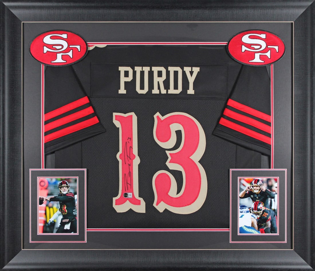 Framed Brock Purdy signed 49ers black alternate pro style jersey BAS Witness: Framed Brock Purdy signed 49ers black alternate pro style jersey BAS Witness This framed jersey features the black alternate pro style worn by Brock Purdy of the San Francisco 49ers. Personally hand-s
