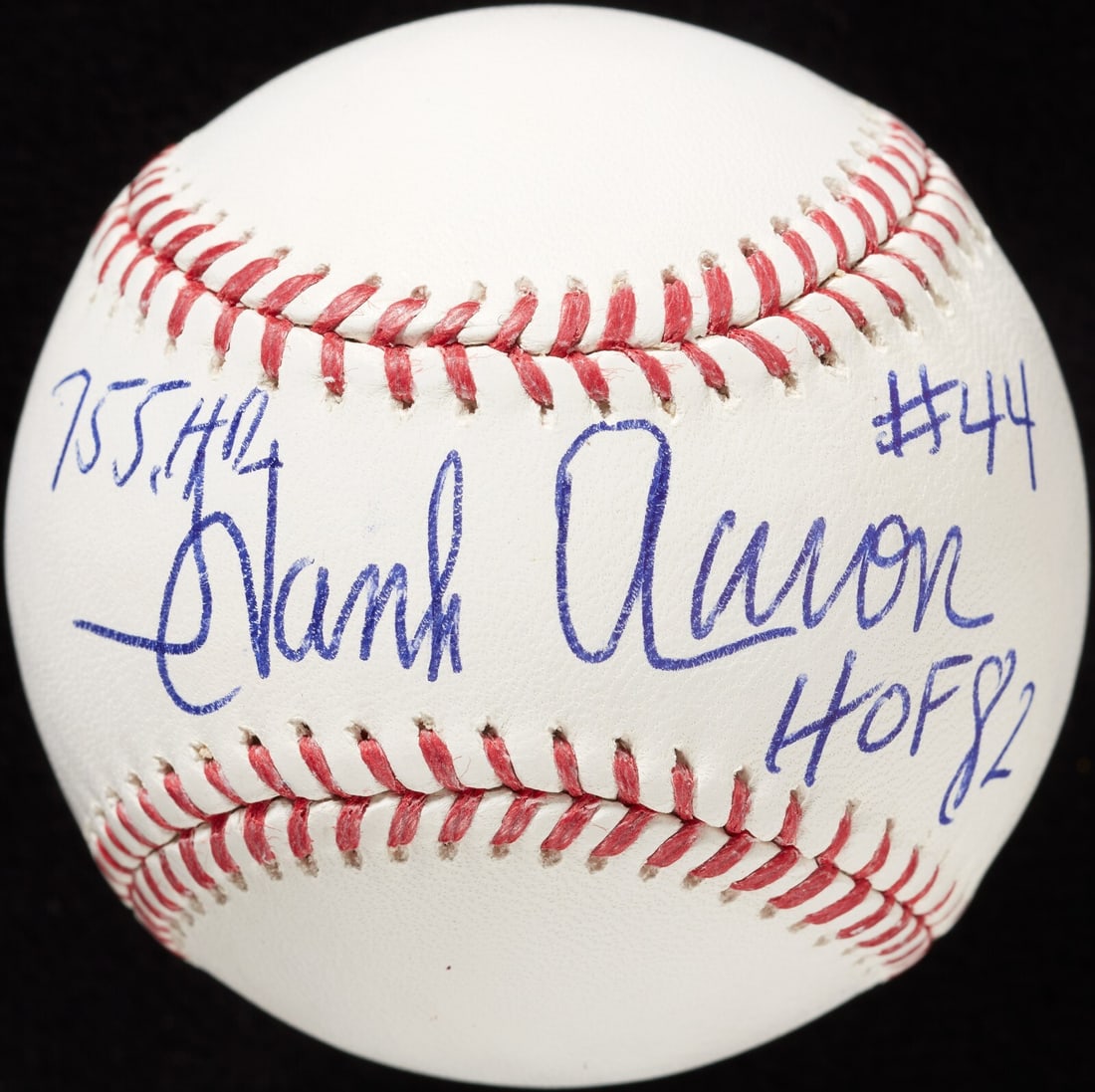 Hank Aaron Signed MLB Baseball with Inscription JSA Authenticated: Hank Aaron Signed MLB Baseball with Inscription JSA Authenticated This Official Major League baseball is a remarkable collectible featuring the bold signature of legendary player Hank Aaron on the swe