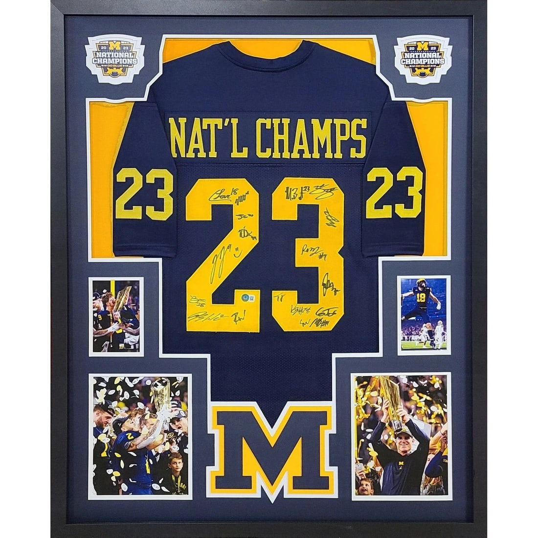 Michigan Team Signed Framed Jersey Beckett Authenticated 18 Signatures: Michigan Team Signed Framed Jersey Beckett Authenticated 18 Signatures Celebrate the legacy of Michigan football with this autographed framed jersey. This stunning piece features signatures from 18 pr
