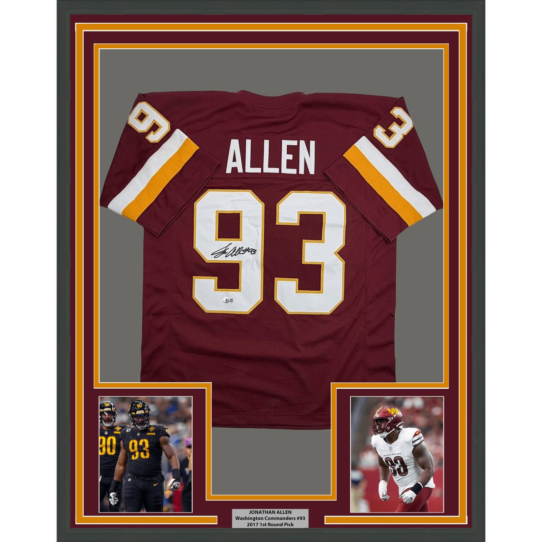 Jonathan Allen signed framed Washington Commanders maroon jersey JSA 35x39: Jonathan Allen signed framed Washington Commanders maroon jersey JSA 35x39 Professionally framed autographed Jonathan Allen maroon football jersey, matted with two 5x7 photos and ready to hang. Signed