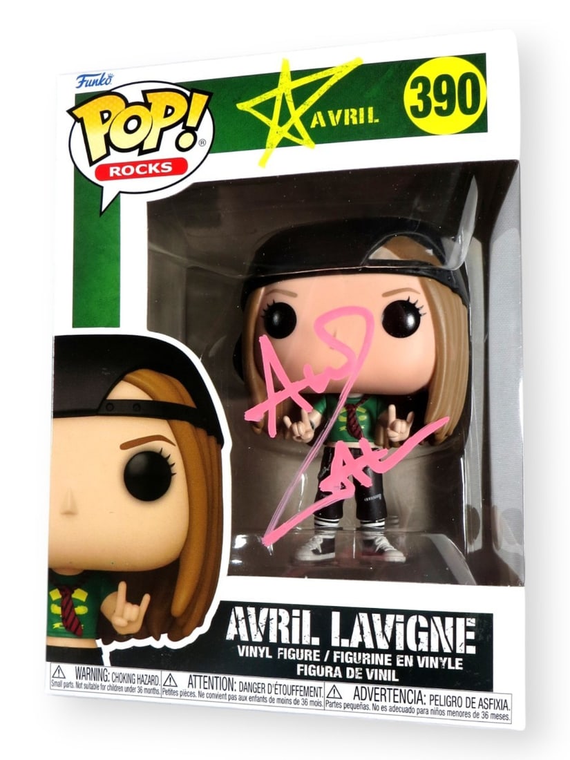 Avril Lavigne Autographed Funko POP Figure #390 Pink Ink JSA Authenticated: Avril Lavigne Autographed Funko POP Figure #390 Pink Ink JSA Authenticated This Avril Lavigne Funko POP! figure #390 is a must-have for fans and collectors alike. The figure is signed by Avril Lavigne