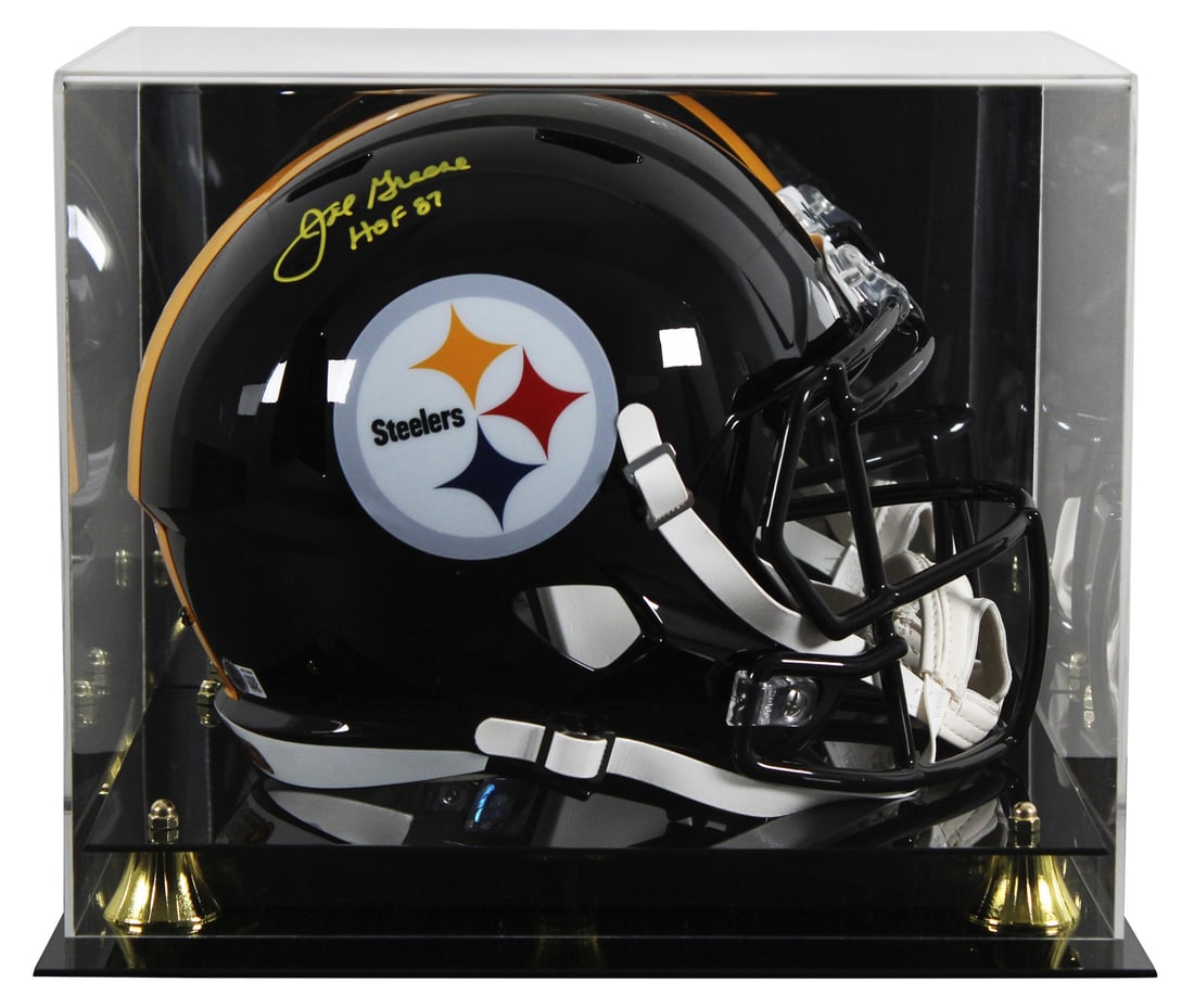 Joe Greene autographed Steelers Speed replica helmet with display case BAS: Joe Greene autographed Steelers Speed replica helmet with display case BAS Autographed full size Riddell Speed replica helmet signed by Joe Greene of the Pittsburgh Steelers, featuring the inscription