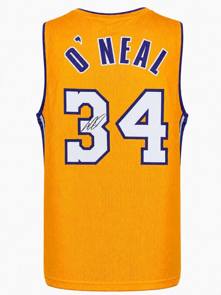 Gold Throwback Basketball Jersey Signed by Shaquille O'Neal Lakers: Gold Throwback Basketball Jersey Signed by Shaquille O'Neal Lakers Pre-owned custom throwback basketball jersey signed by Shaquille O'Neal and styled in Los Angeles Lakers colors. This original signed