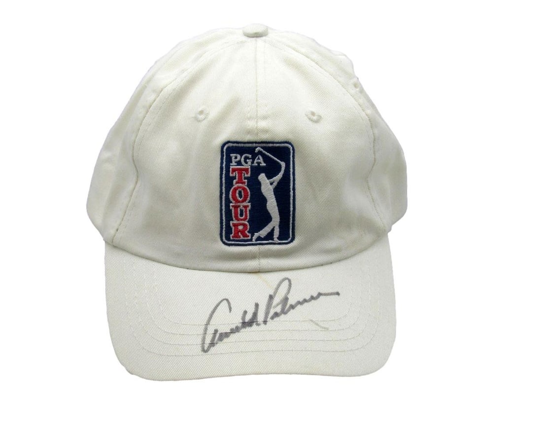 Arnold Palmer Autographed PGA Tour Golf Hat JSA Certified: Arnold Palmer Autographed PGA Tour Golf Hat JSA Certified This is an original Arnold Palmer signed white PGA Tour golf hat, perfect for golf enthusiasts and collectors alike. The hat features an authe