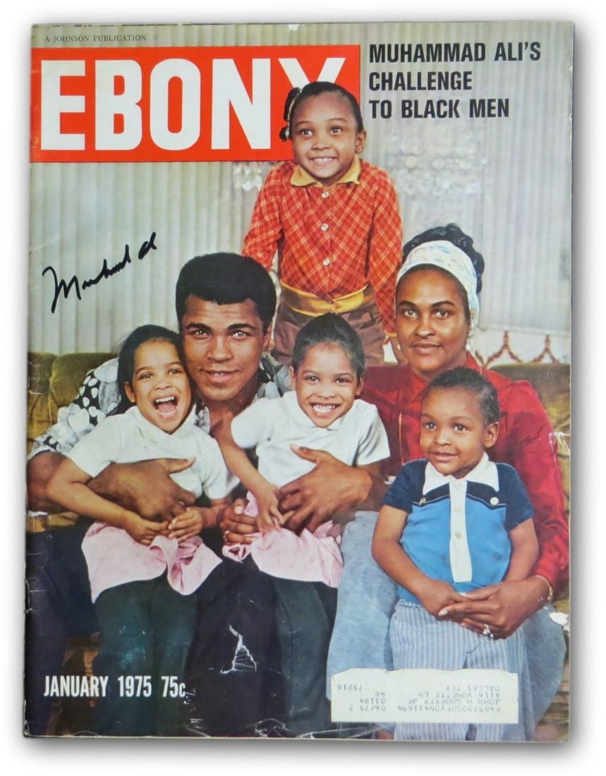 Muhammad Ali Signed Ebony Magazine January 1975 with Family Online Authentics: Muhammad Ali Signed Ebony Magazine January 1975 with Family Online Authentics This is an authentic Muhammad Ali signed Ebony magazine from January 1975, featuring the legendary boxer with his family. 