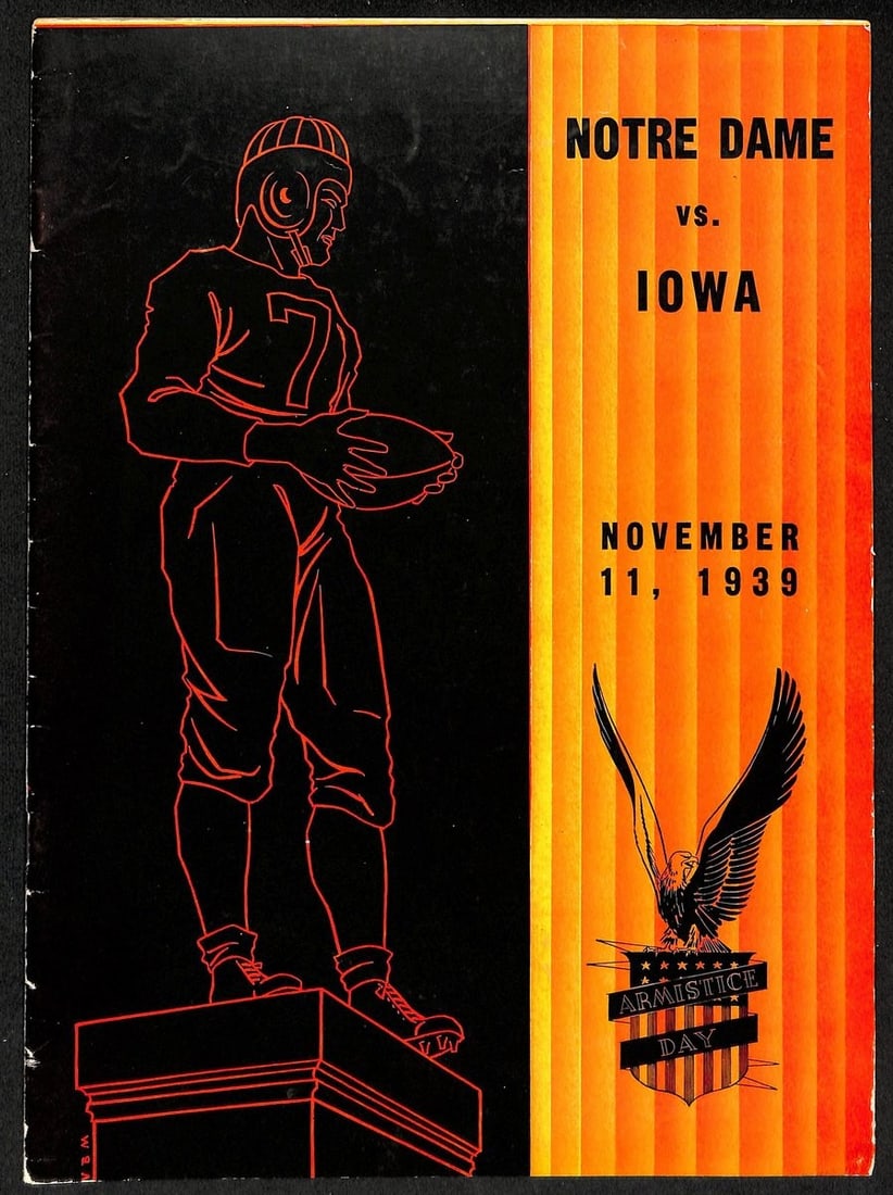 1939 Iowa Notre Dame football program Nile Kinnick touchdown: 1939 Iowa Notre Dame football program Nile Kinnick touchdown This is an original vintage program from the 1939 college football game between Iowa and Notre Dame, where Iowa secured a 7-6 victory. The 